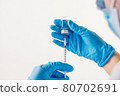 Closeup vial and needle of covid-19 vaccine in hand of scientist doctor in laboratory for treatment with mask gloves and lab coat on white background. Health business and industry concept. Copy space 80702691