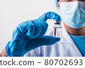 Closeup vial of covid-19 vaccine in hand of professional scientist or doctor in laboratory for treatment with mask gloves and lab coat on white background. Health business and industry concept. 80702693