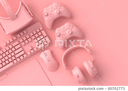 Top view of gamer workspace and gear like mouse, keyboard, joystick, headset, VR 80702773