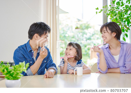 A young family practicing brushing teeth A young family practicing brushing teeth 80703707