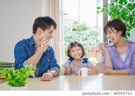 A young family practicing brushing teeth A young family practicing brushing teeth 80703713