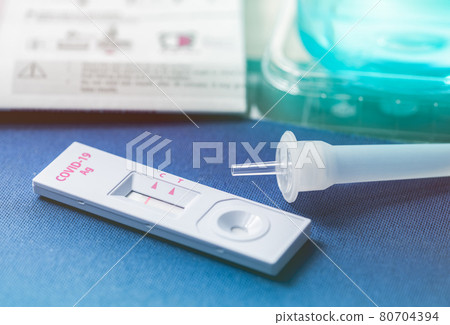 Covid 19 antigen self test for nasal swab with positive result. Antigen test kit for home use to detection coronavirus infection. Negative test result from rapid antigen test. Coronavirus diagnosis. 80704394