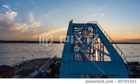 bridge museum . Span of the the historic railway bridge across the Amur river. Project by Lavr Proskouriakov. Museum of the Amur bridge history. Khabarovsk, far East, Russia. bridge museum . Span of the the historic railway bridge across the Amur river. Project by Lavr Proskouriakov. Museum of the Amur bridge history. Khabarovsk, far East, Russia. 80705301