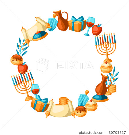 Happy Hanukkah frame with religious symbols. Illustration with holiday objects. 80705817