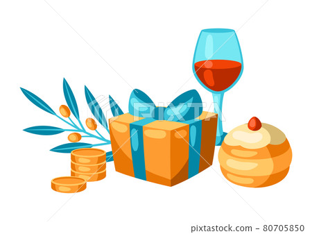 Happy Hanukkah background with religious symbols. Illustration with holiday objects. Happy Hanukkah background with religious symbols. Illustration with holiday objects. 80705850