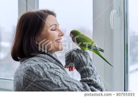 Middle aged woman and parrot together, female bird owner talking looking at green quaker pet Middle aged woman and parrot together, female bird owner talking looking at green quaker pet 80705893