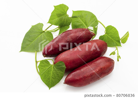紅薯和紅薯與白色背景上的葉子 80706836