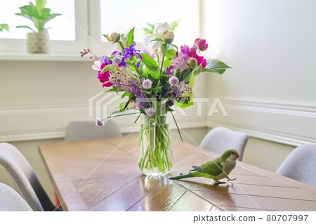 Parrot green quaker pet and bouquet of flowers on the table. Parrot green quaker pet and bouquet of flowers on the table. 80707997