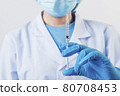 Closeup syringe injection needle of covid-19 vaccine in professional scientist or doctor hand in lab for treatment with mask gloves lab coat on white background. Health business industry concept. 80708453