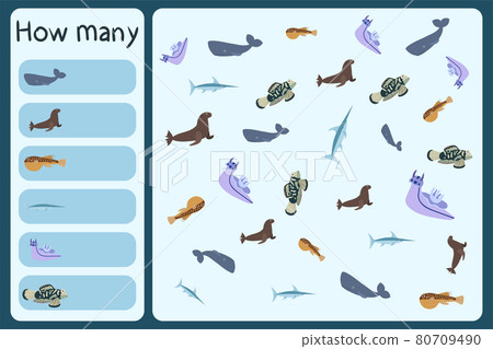 Kids mathematical mini game - count how many sea animals - spermwhale, sea lion, puffer fish, swordfish, mandarin. Educational games for children. Cartoon design template on colorful backdrop. 80709490