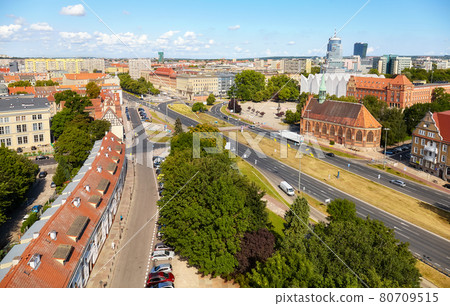 Aerial view of Szczecin cityscape on a sunny summer day, Poland. Aerial view of Szczecin cityscape on a sunny summer day, Poland. 80709515