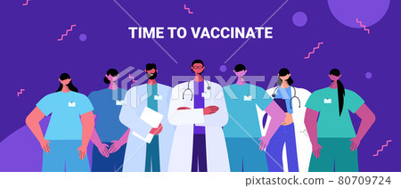 doctors team in uniform standing together medicine healthcare time to vaccinate concept 80709724