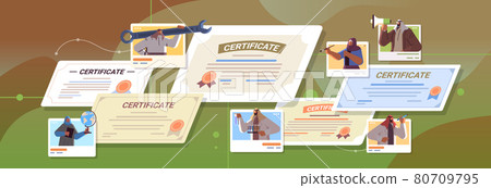 arab graduated people of different occupations holding certificates arabic graduates celebrating academic diploma degree 80709795