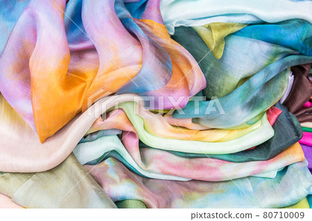 Set of multicolored silk scarves. Colourful silk long scarfs. Set of multicolored silk scarves. Colourful silk long scarfs. 80710009
