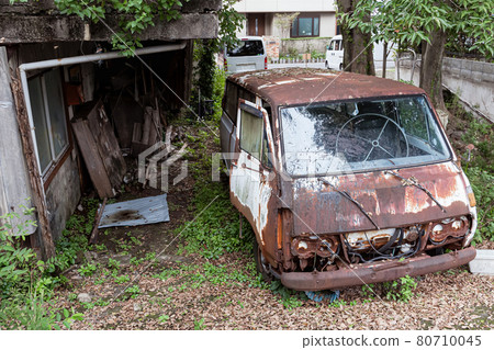Rusty old car in the yard of an abandoned house. 80710045