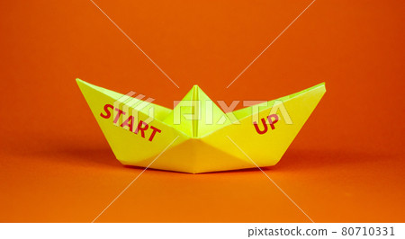 Image of origami boat with words 'start up'. Over orange background with copy space. Business concept. Image of origami boat with words 'start up'. Over orange background with copy space. Business concept. 80710331