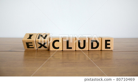 Symbol for a better inclusion. Inverted cube and changed word exclude to include. Beautiful wooden table, white background. Copy space. Symbol for a better inclusion. Inverted cube and changed word exclude to include. Beautiful wooden table, white background. Copy space. 80710469