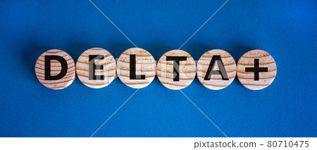 Covid-19 delta plus variant symbol. Wooden circles with words Delta plus. Beautiful blue background. Copy space. COVID-19 new delta plus variant concept. 80710475