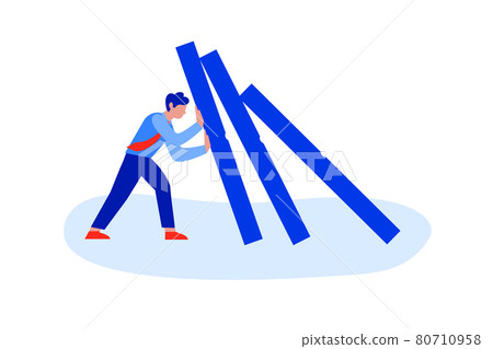 Flat businessman pushing falling hard domino Flat businessman pushing falling hard domino 80710958