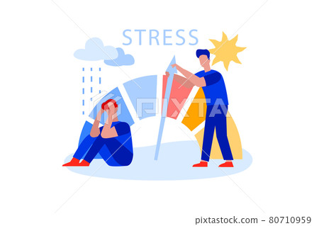 Flat man reducing stress level, struggling with arrow of crisis Flat man reducing stress level, struggling with arrow of crisis 80710959