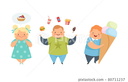 Overweight Little Children with Extra Body Fat Overeating Unhealthy Food Vector Set 80711237