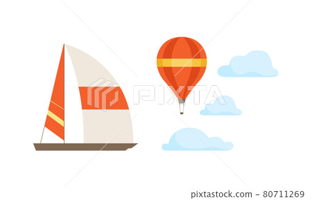 Clouds, Hot Air Balloon and Yacht as Landscape Constructor Element Vector Set Clouds, Hot Air Balloon and Yacht as Landscape Constructor Element Vector Set 80711269