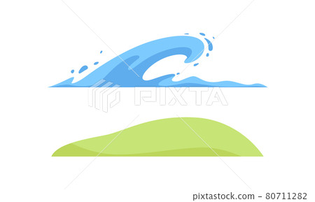 Simple Splashing Wave and Green Hill as Landscape and Environment Element Vector Set 80711282