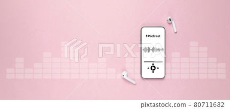 Podcast music. Mobile smartphone screen with podcast application, sound headphones. Audio voice with radio microphone on pink background. Broadcast media music banner with copy space. 80711682
