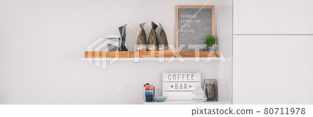 Coffee shop menu sign on wall shelves hipster trendy store for espresso shots. Header panoramic background .Felt letter board lightbox showing text selling cappuccino, latte, matcha tea 80711978