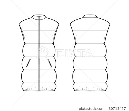 Down vest puffer waistcoat technical fashion illustration with sleeveless, stand collar, pockets, hip length, wide Down vest puffer waistcoat technical fashion illustration with sleeveless, stand collar, pockets, hip length, wide 80713457