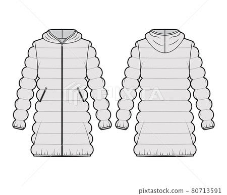Hooded jacket Down puffer coat technical fashion illustration with zip-up closure, thigh length, classic quilting Hooded jacket Down puffer coat technical fashion illustration with zip-up closure, thigh length, classic quilting 80713591