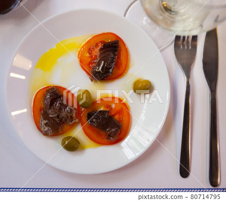 Top view of sarda with tomato Top view of sarda with tomato 80714795