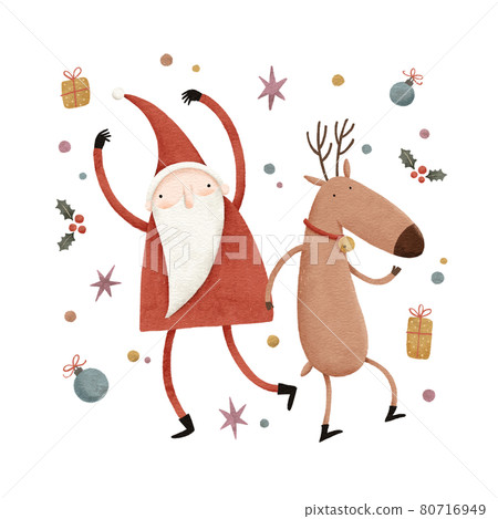 聖誕老人和馴鹿跳舞的插圖 80716949