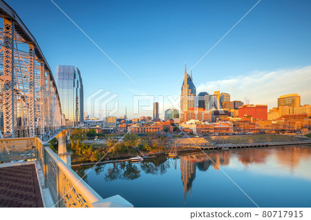 Nashville, Tennessee downtown skyline with Cumberland River in USA 80717915