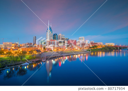 Nashville, Tennessee downtown skyline with Cumberland River in USA 80717934