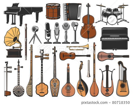 Vintage music instruments, microphones, gramophone 80718350