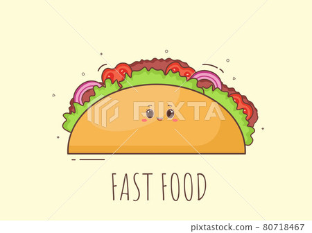 Cute Taco Fast Food Background Vector Illustration With Refreshing Ingredients. Tasty Image Meal in Flat Style Design Cute Taco Fast Food Background Vector Illustration With Refreshing Ingredients. Tasty Image Meal in Flat Style Design 80718467