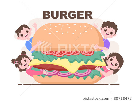 A Child Is Eating Fast Food Background Vector Illustration With Foods For Burger, Pizza, Donuts, French Fries, Hot Dog or Cola. Tasty Image Meal in Flat Style Design A Child Is Eating Fast Food Background Vector Illustration With Foods For Burger, Pizza, Donuts, French Fries, Hot Dog or Cola. Tasty Image Meal in Flat Style Design 80718472
