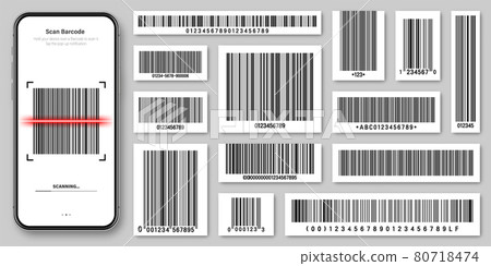 Product barcodes collection. Smartphone application, scanner app. Identification tracking code 80718474