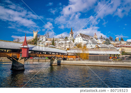 Historic city center of downtown Lucerne with  Chapel Bridge and lake Lucerne 80719323