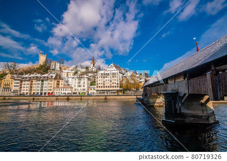 Historic city center of downtown Lucerne with  Chapel Bridge and lake Lucerne 80719326
