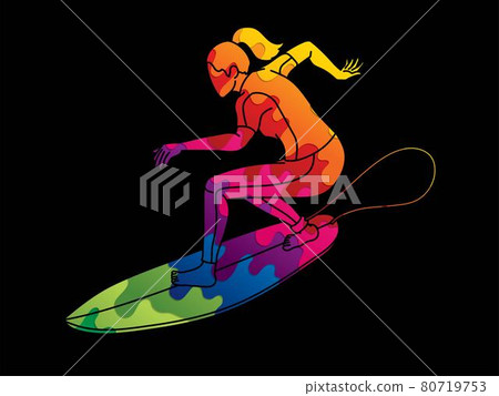 Surfing Sport Female Player Surfer Action Cartoon Graphic Vector 80719753