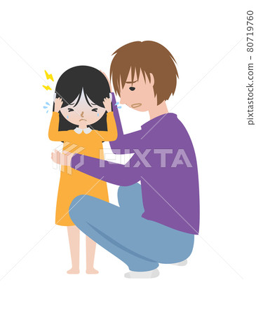 A girl suffering from a headache and a worried father A girl suffering from a headache and a worried father 80719760