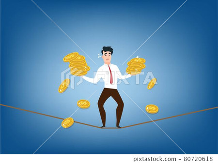 Investments are risky for business people. By comparison, a male character walks on a trembling rope. There were silver coins in both hands.  Flat style cartoon illustration vector 80720618