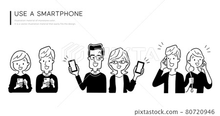 Monotone Illustration Material: Young couples, couples, sets using smartphones Monotone Illustration Material: Young couples, couples, sets using smartphones 80720946