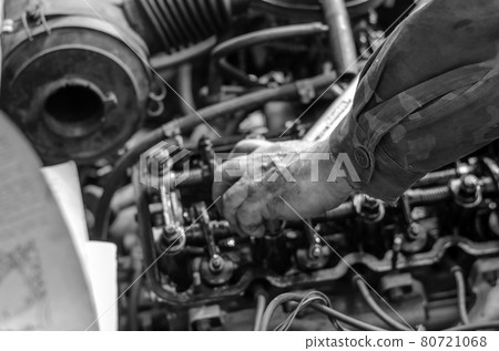 The engine compartment of a passenger car close-up. The engine compartment of a passenger car close-up. 80721068