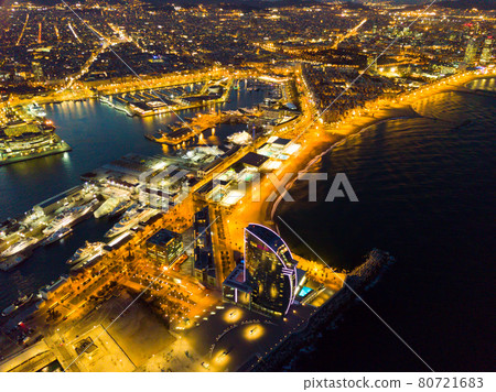 Evening view of Barceloneta and Port Vell. Barcelona. Evening view of Barceloneta and Port Vell. Barcelona. 80721683
