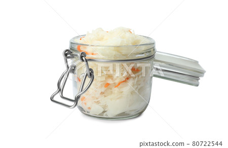 Glass jar of tasty fermented cabbage isolated on white Glass jar of tasty fermented cabbage isolated on white 80722544