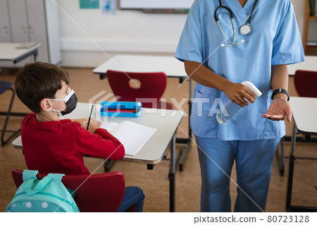 Mid section of female health worker showing students to use hands sanitizer at elementary school Mid section of female health worker showing students to use hands sanitizer at elementary school 80723128