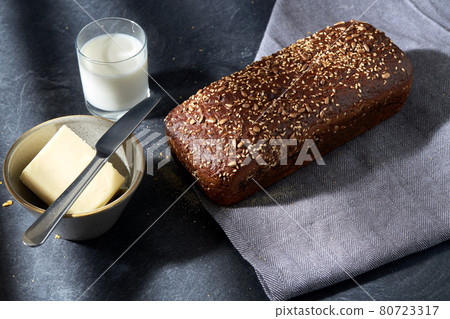 close up of bread, butter, knife and glass of milk close up of bread, butter, knife and glass of milk 80723317